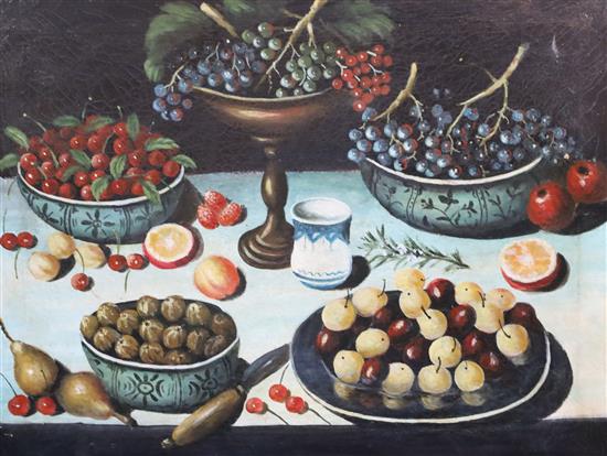 17th century Italian Style Still lifes of fruit and pastries on tabletops 19 x 25in.